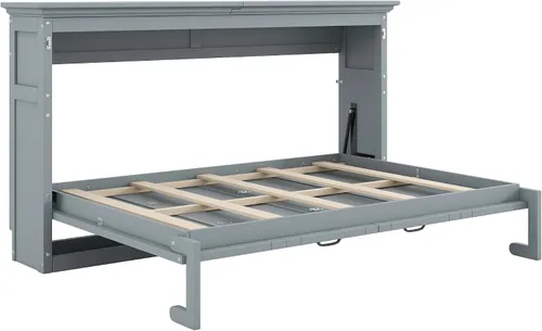 Vista 9 de MERITLINE Armario de cama Murphy horizontal individual con escritorio, marco de cama Murphy de madera maciza para habitación pequeña, oficina Gris