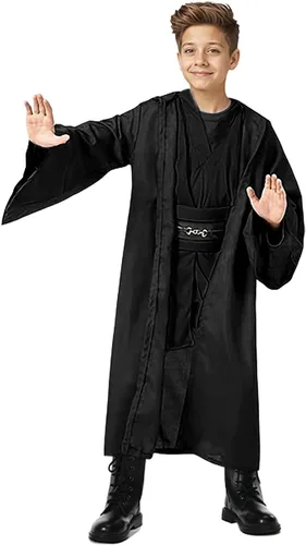 Vista 3 de Disfraz de Jedi para niños para cosplay de Anakin, túnica con capucha, versión negra, talla S Negro (juego completo)