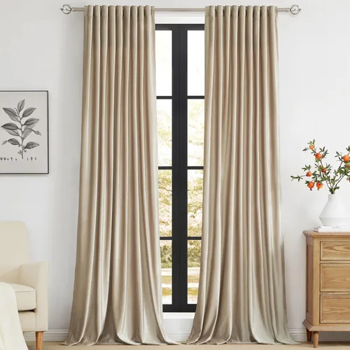 Vista 5 de PRIMROSE Cortinas de terciopelo champán de 63 pulgadas de largo para sala de estar, juego de 2 paneles opacos, bolsillo para barra, pestaña trasera