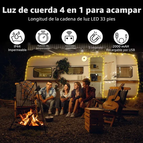 Vista 4 de Cadena de luces de campamento de 33 pies, 100 LED, 4 en 1, recargable, 100 LED, para exteriores, con 14 modos de iluminación, control remoto