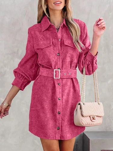 Vista 3 de Uusollecy Minivestido de pana para mujer, manga larga, con botones, camisa y cinturón