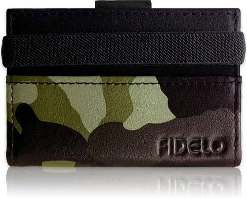 Vista 2 de Cartera minimalista para tarjetas de crédito, Fidelo - Cartera delgada para hombre, bloqueo RFID + cuero genuino de grano completo, Borde "Woodland