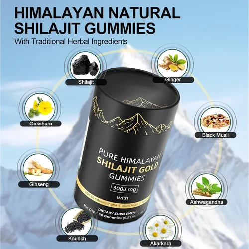 Vista 3 de Gomitas Shilajit, gomitas Shilajit naturales del Himalaya, sin azúcar añadida con Ashwagandha, Gokshura, ácido fúlvico y más de 85 minerales traza