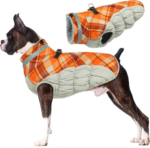 Vista 30 de Lelepet Abrigo cálido para perro, abrigo de invierno para perro, chaqueta impermeable para perros con arnés integrado reflectante de forro polar