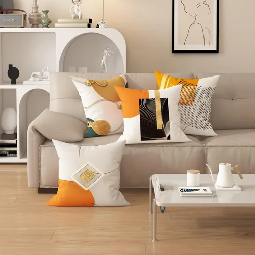 Vista 2 de Funda de almohada decorativa para sofá de sala de estar, patrón impreso de doble cara, funda de cojín naranja geométrica abstracta estilo nórdico