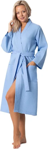 Vista 9 de Turkish Linen Bata tipo kimono ligera de punto gofre, para spa y baño, para mujer, de secado rápido, suaves Negro