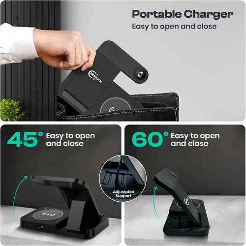 Vista 5 de Estación de carga inalámbrica 4 en 1 para iPhone, Apple Watch y AirPods - Cargador inalámbrico para iPhone Series 16/15/14/13/12 - Apple iWatch Negro