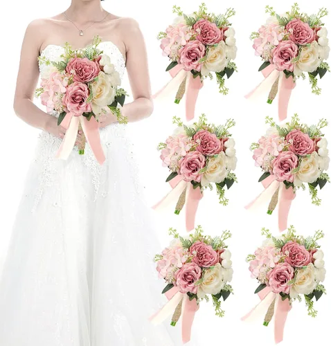 Vista 11 de Ramos de novia bohemios para boda, ramos de 9 pulgadas de flores artificiales para decoraciones de centro de mesa de ceremonia y aniversario, rosas