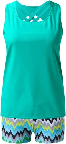 Vista 8 de Traje de baño tankini para mujer 3 piezas camiseta sin mangas con pantalones cortos para niño traje de baño para mujer traje de baño verde menta M