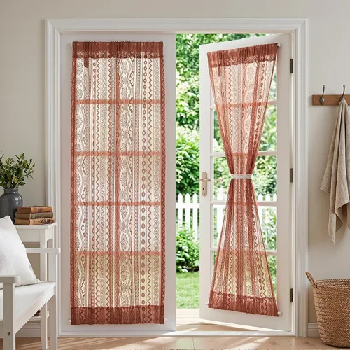 Vista 33 de MYSKY HOME Cortinas de encaje beige para puerta francesa de 40 pulgadas de largo, 2 paneles de cortinas florales bohemias transparentes para puerta