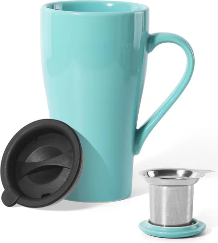 Vista 10 de Taza de té con infusor y 2 tapas, taza infusor de té grande de 18 onzas, taza coladora de té para hojas sueltas, taza de viaje con soporte para Azul