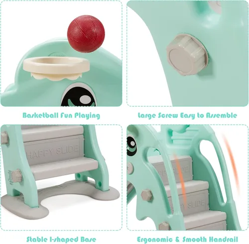 Vista 8 de Baby Joy Slide para niños, juego grande para escalador de juegos con pendiente de deslizamiento extralarga, aro de baloncesto y bola, regalo ideal