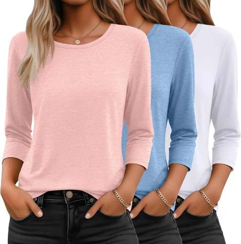 Vista 28 de Ficerd Paquete de 3 camisetas de manga 3/4 para mujer, cuello redondo, camisetas básicas elegantes, casuales, modernas, holgadas