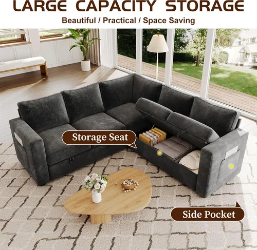 Vista 7 de Sofá modular de 85 pulgadas con cama extraíble, sofá modular de 5 asientos en forma de L con almacenamiento, sofás seccionales para sala de estar