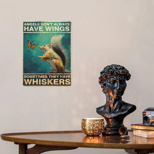Vista 3 de Póster de pared vintage, placa de metal, ángeles no siempre tienen alas a veces tienen bigotes, póster de pared de metal de ardilla, placas