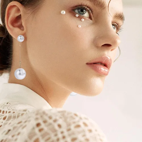 Vista 3 de Aretes largos de perlas doradas para mujer, aretes colgantes de perlas blancas con borlas para adolescentes, niñas, cumpleaños, día de San Valentín