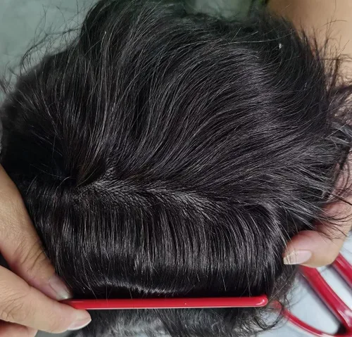 Vista 4 de LYRICAL HAIR Toupee para hombres de piel fina inyección de PU unidad de peluca para hombre 1# Jet Real Natural Cabello humano Pieza Sistema