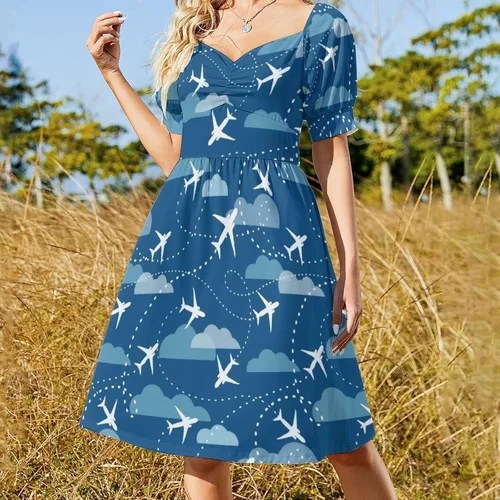Vista 3 de Avión avión patrón avión patrón vestido de mujer con cuello en V vestidos de manga corta
