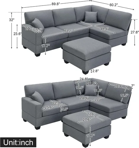 Vista 16 de Quarte Sofá seccional en forma de U, sofá modular con dos asientos individuales, dos sillas, combinación de bricolaje, tela de hilo en bucle Beige/5