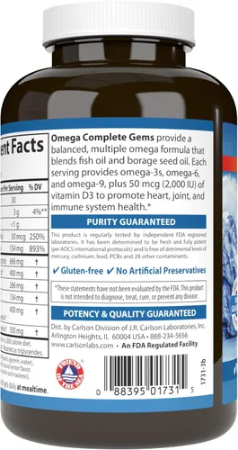 Vista 3 de Carlson - Gemas completas Omega-3-6-9, capturadas en la naturaleza, de origen sostenible, salud cardíaca, función articular y apoyo inmunológico, 90