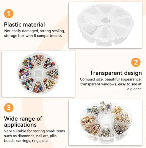 Vista 3 de Organizador de cajas divisoras de joyería de 8 rejillas, contenedor redondo de plástico transparente para almacenamiento de joyas, arte de uñas