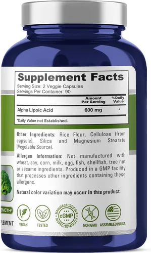 Vista 2 de NusaPure Ácido alfa lipoico 600 mg por porción, 180 cápsulas vegetales (vegetariano, sin OMG y sin gluten), 300 mg por cápsula