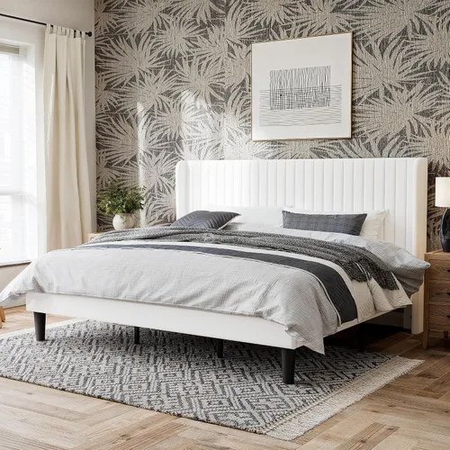 Vista 16 de GOLDORO Marco de cama King Size con base elevada, cabecera tapizada con botones verticales y alas, soporte de listones de madera, no necesita