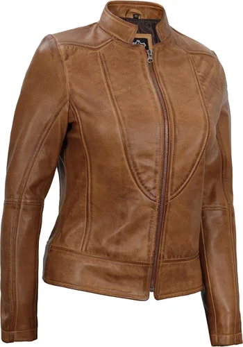 Vista 4 de Decrum Chaqueta de cuero marrón para mujer - Cafe Racer Leather Biker Style Casual Chaquetas para mujer