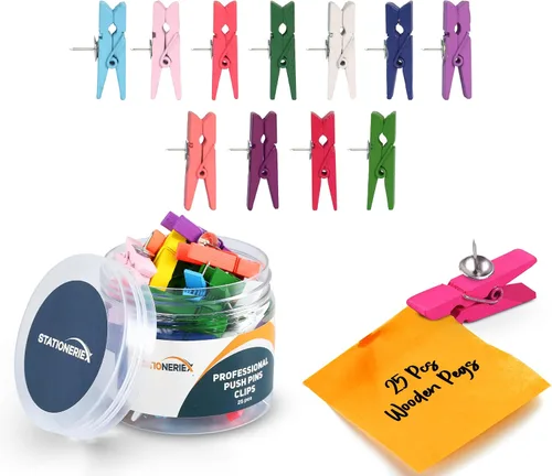 Vista 6 de 25 alfileres con clip de madera para decoración de aulas, clips con pasadores resistentes para tablón de anuncios y tableros de corcho, tachuelas