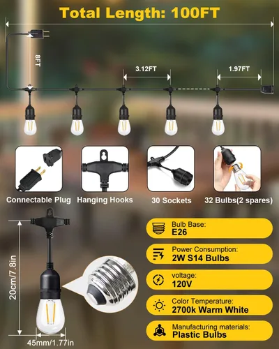 Vista 3 de BRIMAX - Cadena de luces para exteriores de 2 W, 100 pies, grado comercial, con 32 bombillas LED S14 Cadena de luces de patio regulable