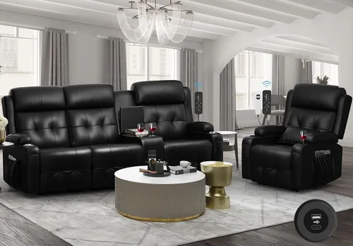 Vista 26 de Sofá reclinable, sofá reclinable con masaje de 3 plazas con gran capacidad de peso, sofá de dos plazas para RV con espacio libre con consola, USB
