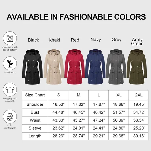 Vista 7 de CREATMO US Gabardina larga resistente al agua para mujer, chaqueta militar cortavientos con capucha reflectante extraíble