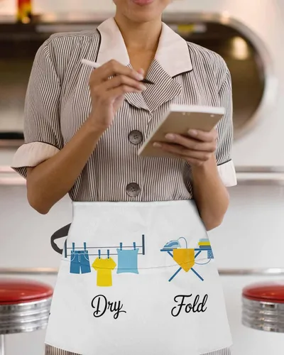 Vista 3 de DecorLovee Cartoon Laundry Room Waitress Apron with 3 Pockets, Modern Minimalist Server Aprons Waterproof Kitchen Restaurant Half Waist Apron for