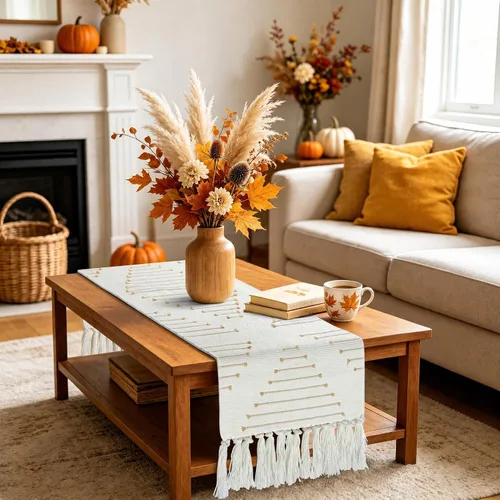Vista 4 de Camino de mesa de otoño con borlas, camino de mesa tejido bohemio color crema para decoración de otoño de Acción de Gracias, camino de mesa auxiliar