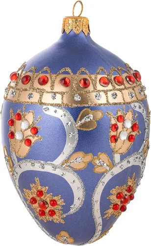 Vista 4 de Colección Palace de Miss Christmas 2025 Huevo Fabergé Azul y Dorado de 5 Pulgadas de Vidrio Soplado para Árbol de Navidad (Azul Elegante y Plata)