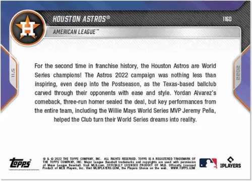 Vista 2 de Topps Now Houston Astros World Champions 2022 #1160 - Equipo que celebra después de ganar la 2ª Serie Mundial de la MLB en la historia