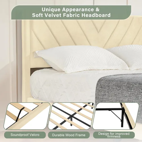 Vista 5 de Base de cama de plataforma de tamaño matrimonial con cabecera de terciopelo, borde de ala, listones de madera resistentes, sin ruido, no necesita
