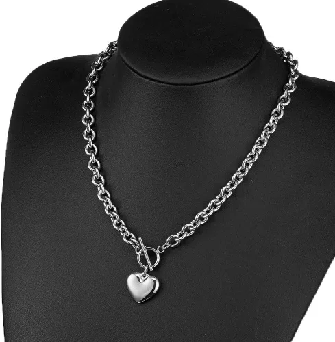 Vista 7 de Juego de collar y pulsera con dije de corazón, collar y cadena de acero inoxidable dorado y plateado con dije de corazón con cierre de palanca