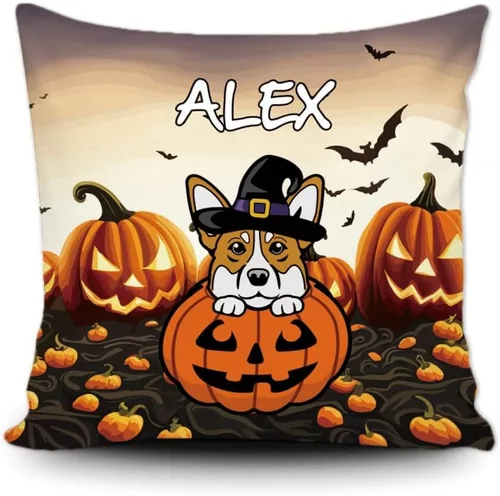 Vista 14 de Funda de almohada personalizada de Halloween, perro labrador con sombrero de bruja, calabaza, Halloween, cachorro, funda de cojín decorativa de lona