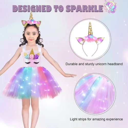 Vista 6 de Vestido de unicornio para niñas de 3 a 8 años con diadema tutú iluminado con lentejuelas disfraz de fiesta de unicornio vestido de princesa