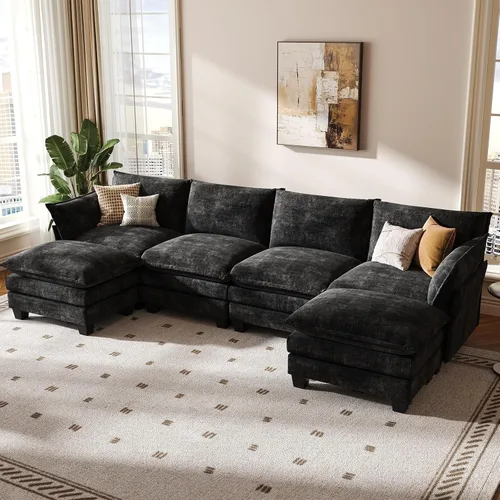 Vista 34 de KKL Sofá Cama Seccional Modular, Sofá Cama Convertible Seccional en Forma de L de 4 Plazas con Otomana, Sofá Nube de Chenilla Seccional para Sala