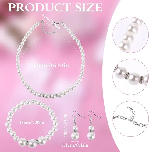 Vista 3 de Yolev Juego de 4 piezas de collar de perlas, pulseras, aretes, conjuntos de joyas y guantes de comunión de encaje blanco para concursos de boda
