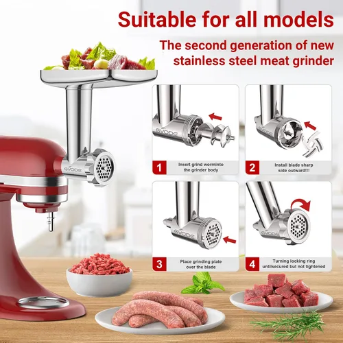 Vista 4 de Accesorios de acero inoxidable para molinillo de alimentos para batidoras de pie KitchenAid, incluyendo relleno de salchichas, acero inoxidable