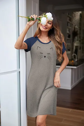 Vista 4 de Ekouaer Camisón de manga corta para mujer, ropa de dormir estampada, camisa de dormir suave, tallas S-3XL