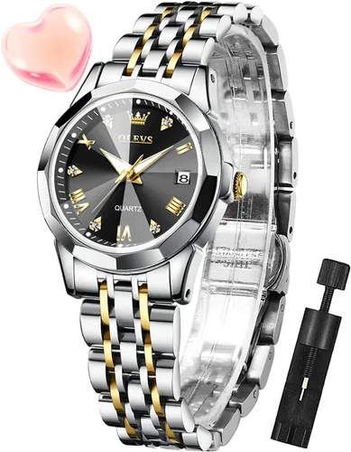 Vista 19 de OLEVS Reloj de mujer con diamantes de moda, analógico, de cuarzo, de acero inoxidable, para mujer, pequeño, para fecha, impermeable, luminoso
