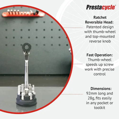 Vista 5 de Prestacycle Prestaratchet - Kit de trinquete de bolsillo micro con (6) puntas S2 y soporte redondo - Herramienta de trinquete hexagonal compacta