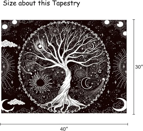 Vista 4 de Wonrizon Tapiz del árbol de la vida, tapiz espacial de galaxia en blanco y negro, decoración estética psicodélica para colgar en la pared para sala