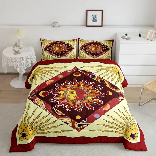 Vista 29 de Juego de edredón de champiñones para niños, tamaño individual, juego de ropa de cama romántica con sol, luna, cielo estrellado y galaxia, decoración
