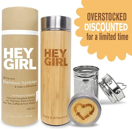 Vista 2 de Hey Girl - Botella infusor de té de bambú con colador de té, botella de agua aislada de acero inoxidable para té y café de hojas sueltas, vaso de té