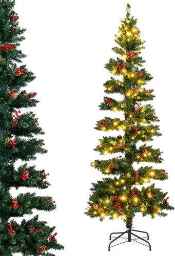 Vista 12 de DORTALA - Árbol de Navidad artificial preiluminado con copos, de 4.5 pies, con 150 luces LED blancas cálidas, 295 puntas de ramas, soporte metálico